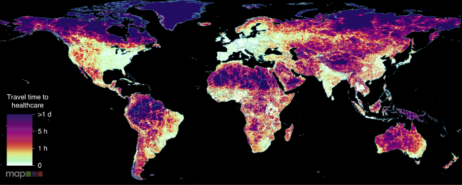 Global map of optimal travel time to healthcare with access to motorised transport.